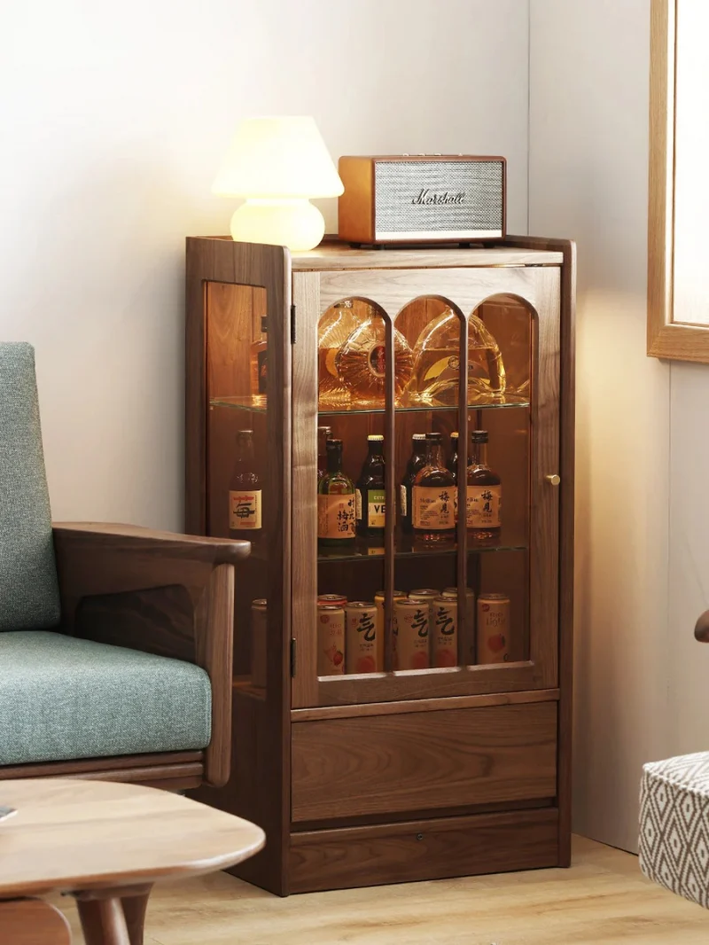 Epic Solid Walnut Wood Bar Wine Cabinet with Glass Door