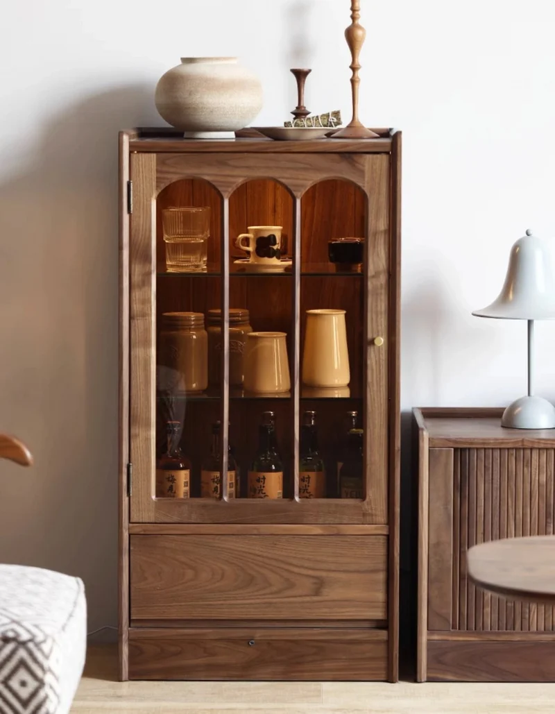 Epic Solid Walnut Wood Bar Wine Cabinet with Glass Door