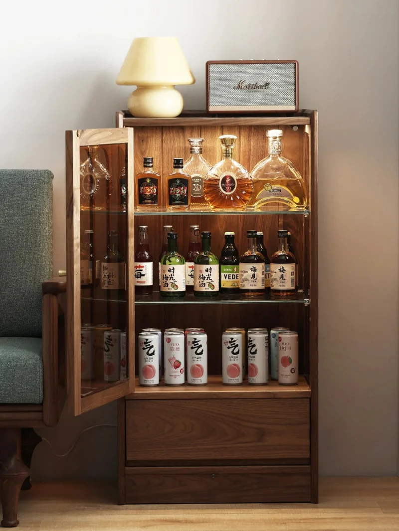Epic Solid Walnut Wood Bar Wine Cabinet with Glass Door