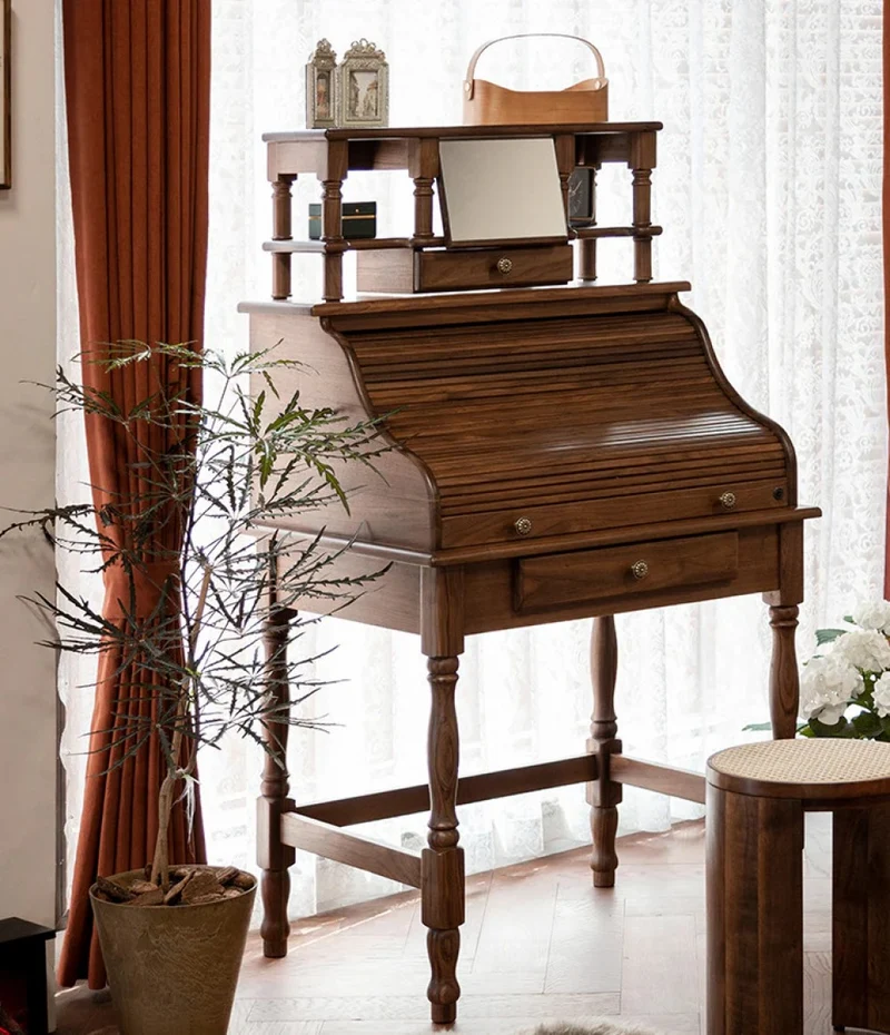 Nebula Vintage Walnut Wood Roll Top Desk