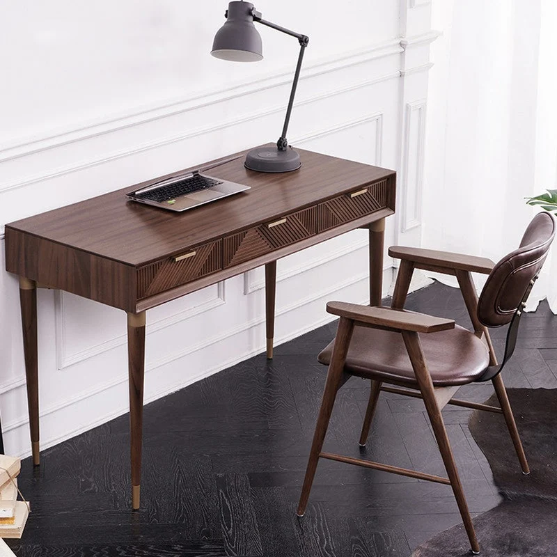Echoing Black Walnut Wood Writing Desk with Streak Drawers