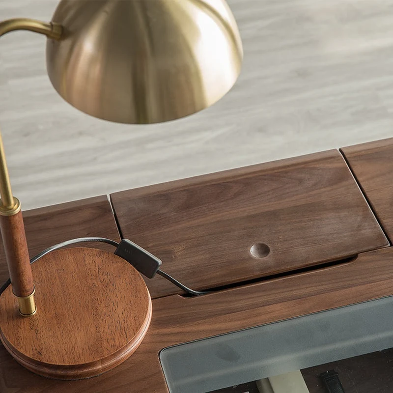 Future Walnut Wood Glass Surface Drawer Desk