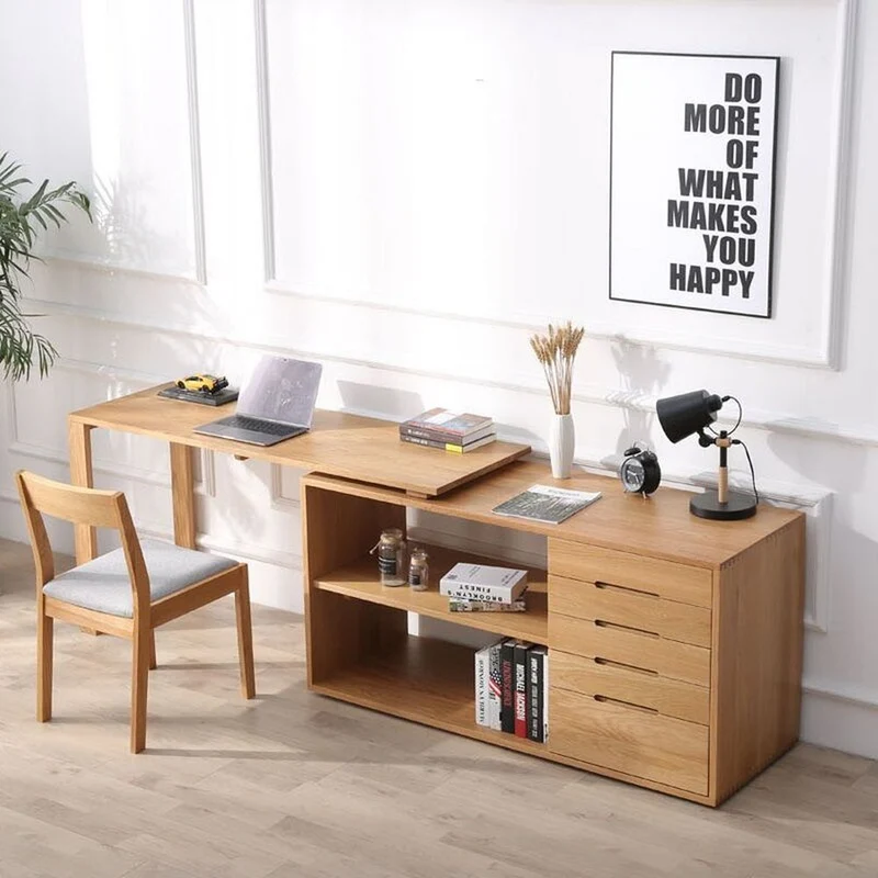 Versatile L-Workspace White Oak Wood Desk
