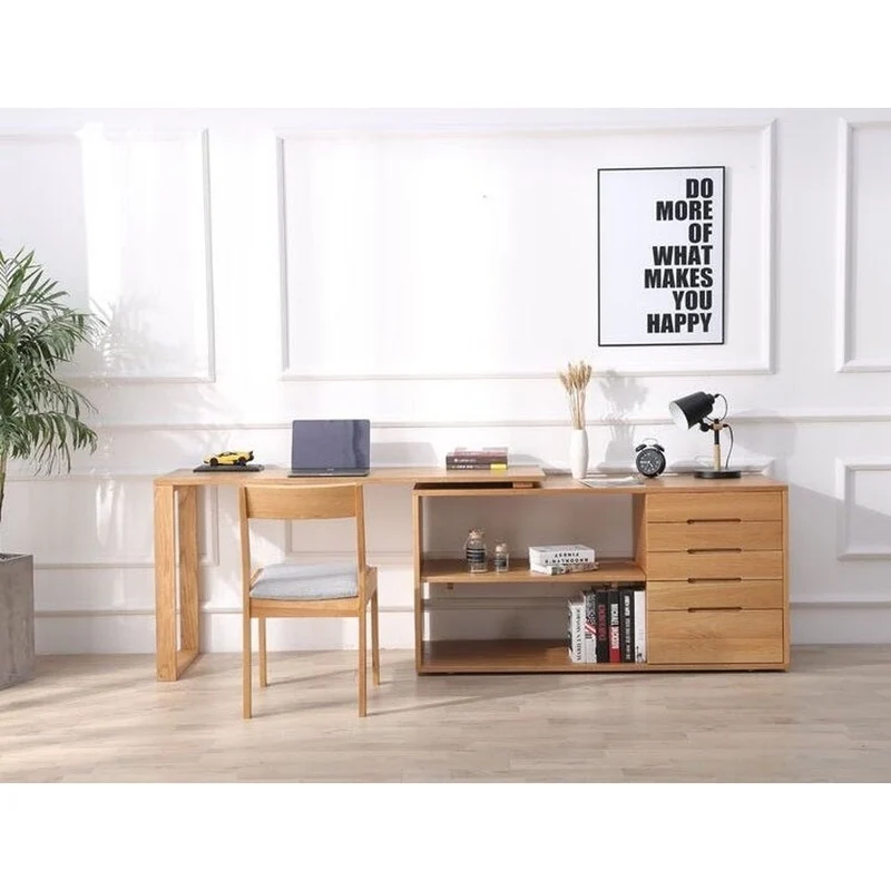 Versatile L-Workspace White Oak Wood Desk