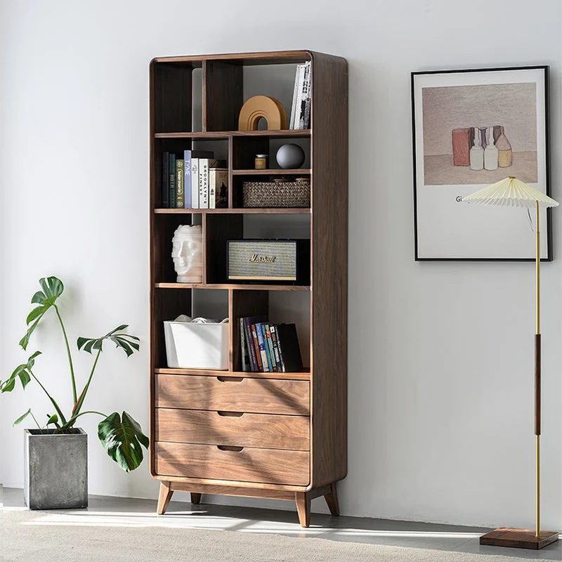 Narrow Solid Multi-Layers Walnut Wood Bookcase