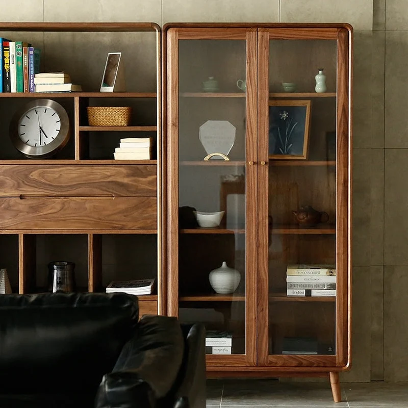 Nordic Walnut Bookcase with Glass Door
