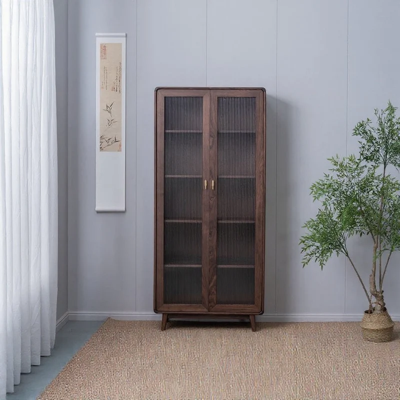 Big Tempered Blur Glass Tall Walnut Wood Bookcase