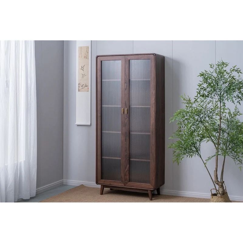 Big Tempered Blur Glass Tall Walnut Wood Bookcase