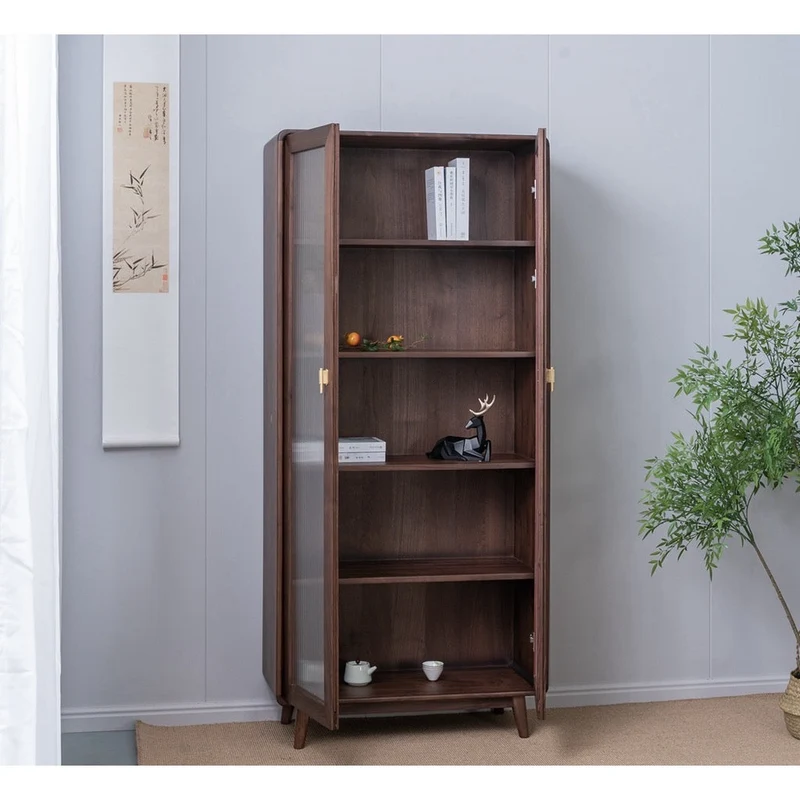 Big Tempered Blur Glass Tall Walnut Wood Bookcase