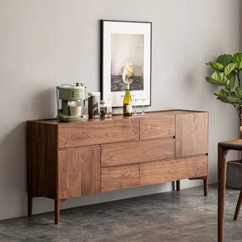 Elegant Lines of Drawers Natural Walnut Wood Sideboard