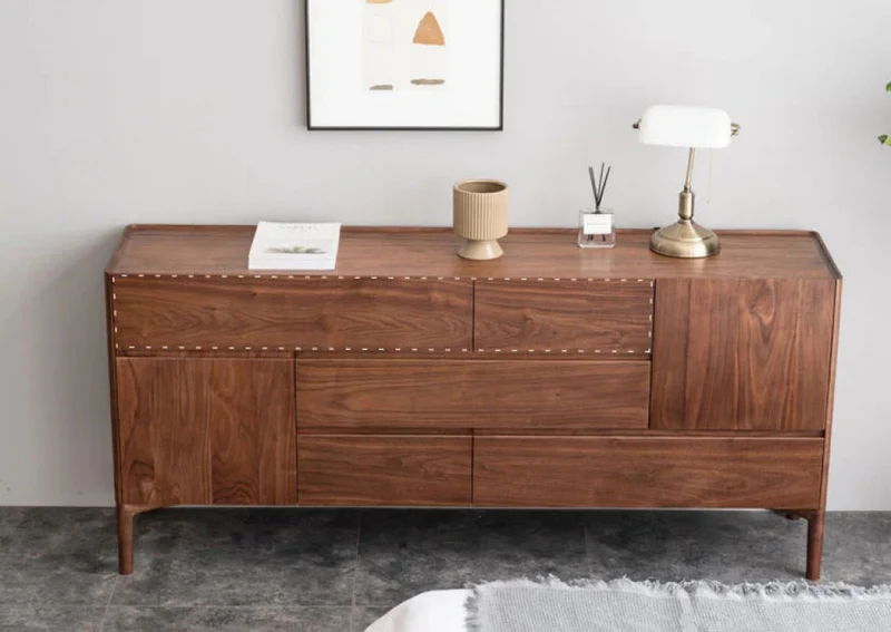 Elegant Lines of Drawers Natural Walnut Wood Sideboard