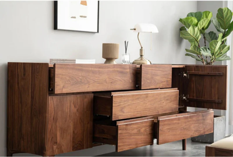 Elegant Lines of Drawers Natural Walnut Wood Sideboard