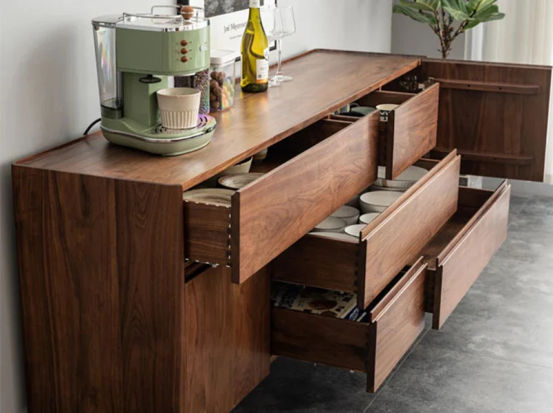 Elegant Lines of Drawers Natural Walnut Wood Sideboard