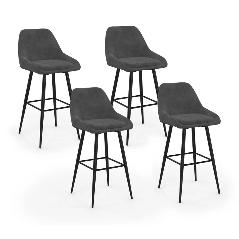 Tabourets de bar Olivia assise velours gris foncé et pieds métal - lot de 4