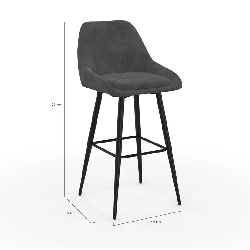 Tabourets de bar Olivia assise velours gris foncé et pieds métal - lot de 4
