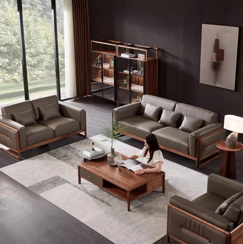 Verve Genuine Leather Black Walnut Wood Sofa