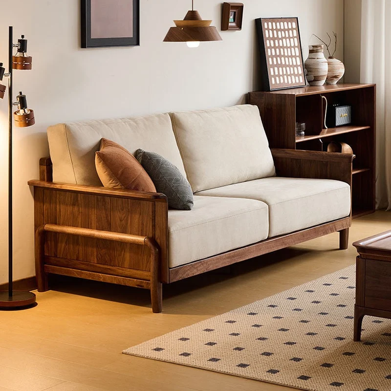 Cushioned Retreat Walnut Wood Leather Sofa