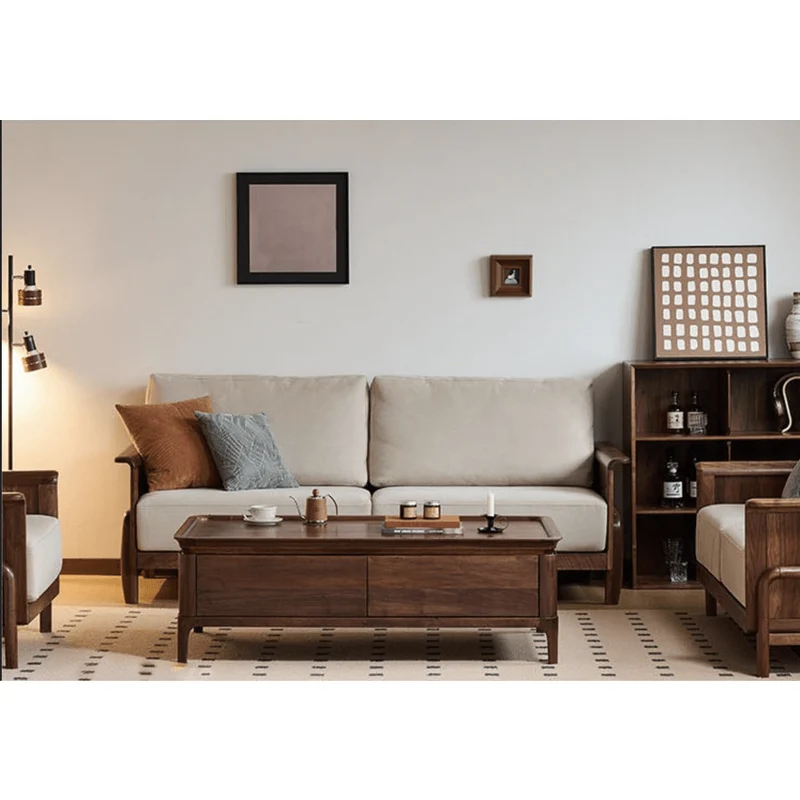 Cushioned Retreat Walnut Wood Leather Sofa