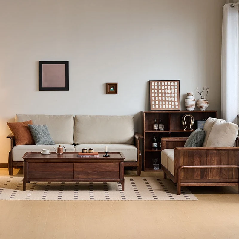 Cushioned Retreat Walnut Wood Leather Sofa