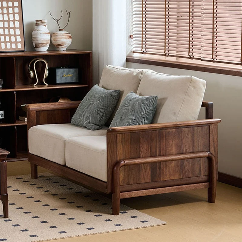 Cushioned Retreat Walnut Wood Leather Sofa