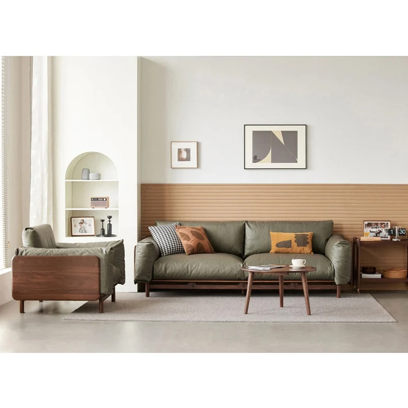 Scandinavian Inspired Walnut Wood Leather Sofa