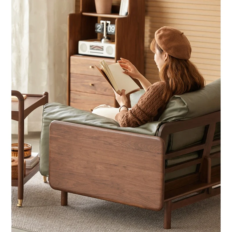 Scandinavian Inspired Walnut Wood Leather Sofa
