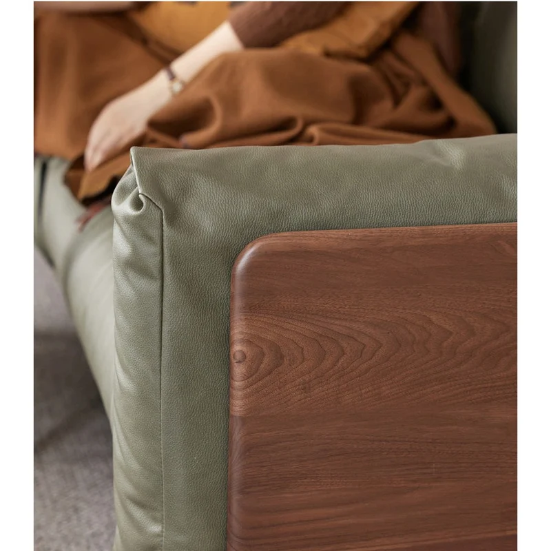 Scandinavian Inspired Walnut Wood Leather Sofa