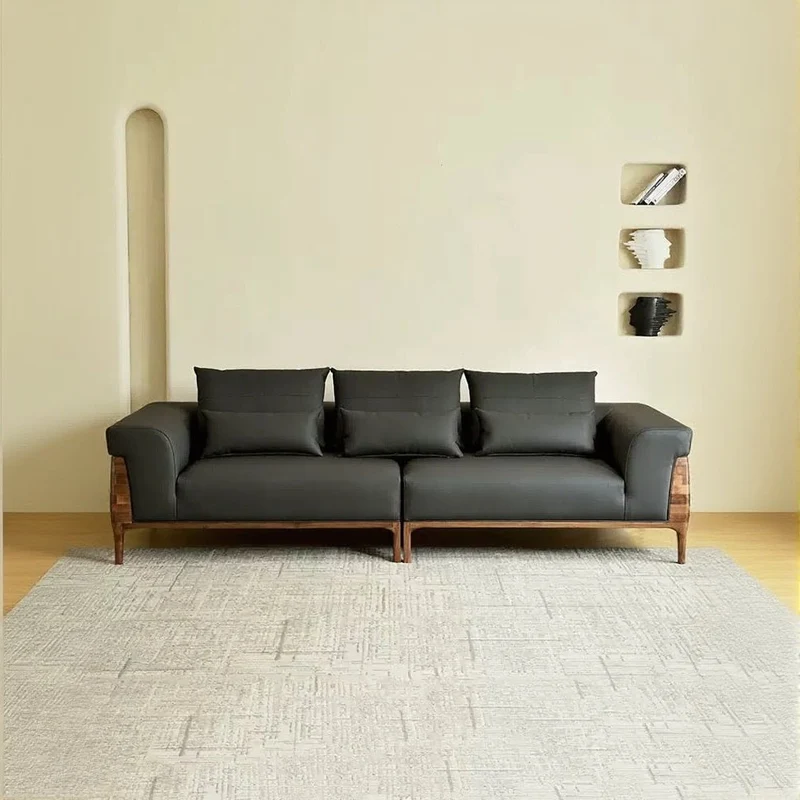 Relaxation Haven Cow Leather Walnut Wood Sofa