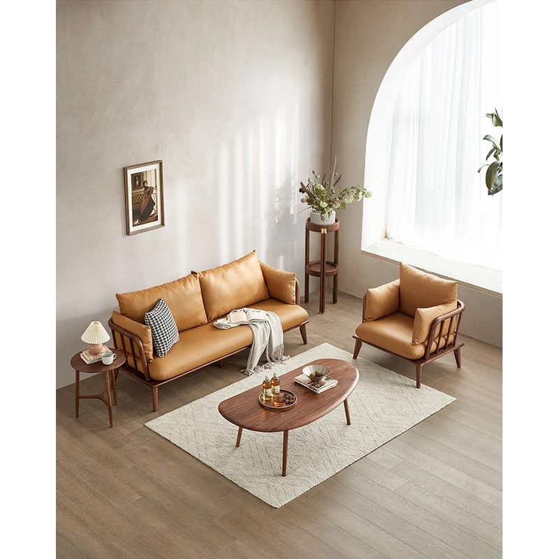Luxurious Sectional Cow Leather Walnut Wood Sofa