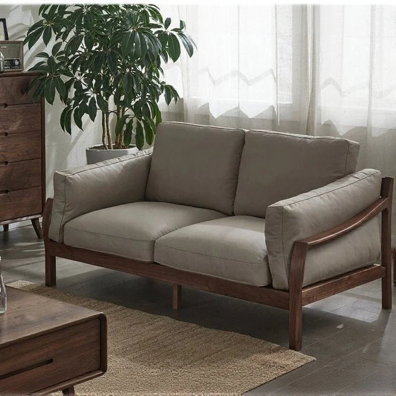 Retro Revival Solid Walnut Leather Sofa