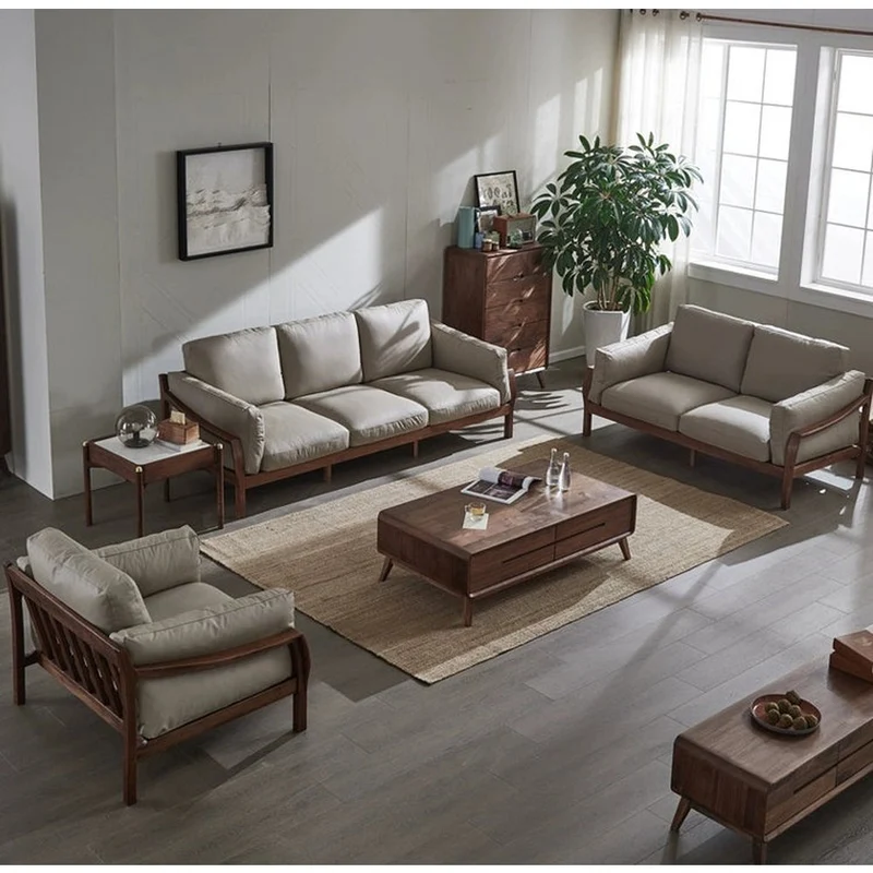 Retro Revival Solid Walnut Leather Sofa