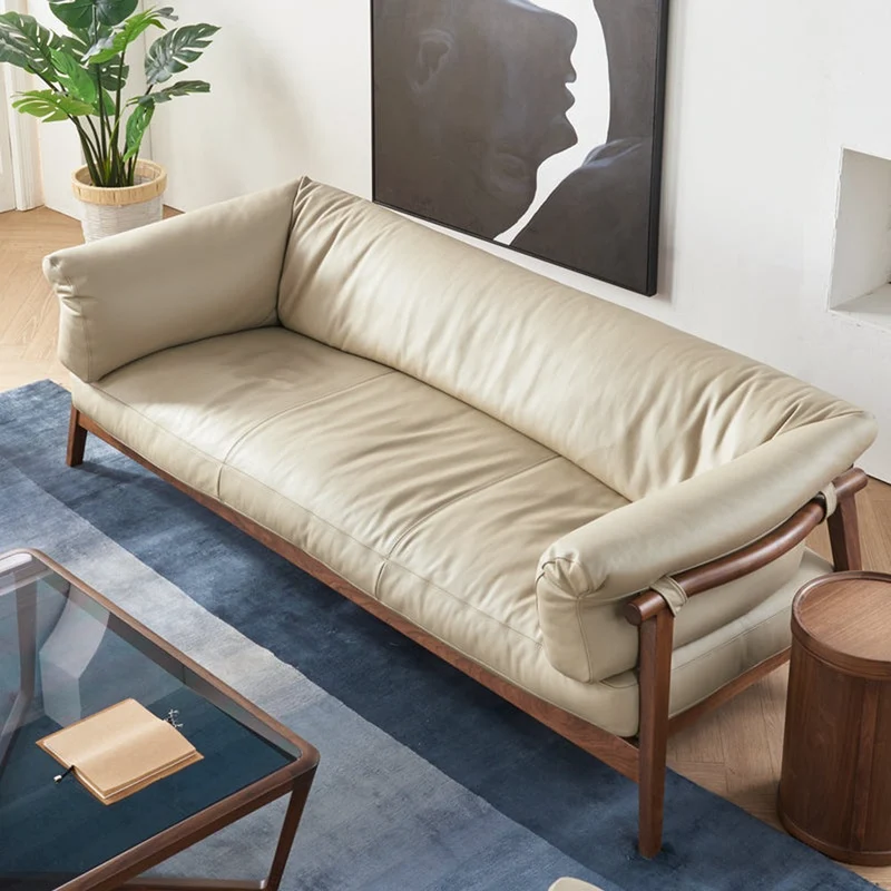 Coastal Breeze Genuine Leather Walnut Wood Sofa