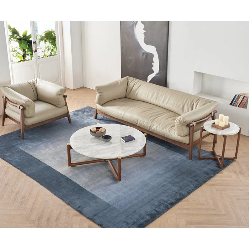 Coastal Breeze Genuine Leather Walnut Wood Sofa
