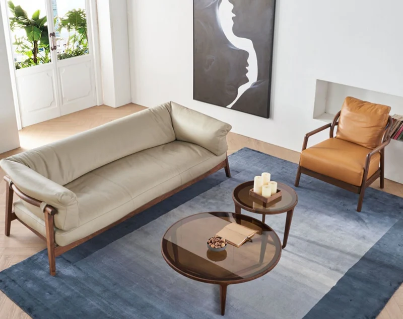 Coastal Breeze Genuine Leather Walnut Wood Sofa