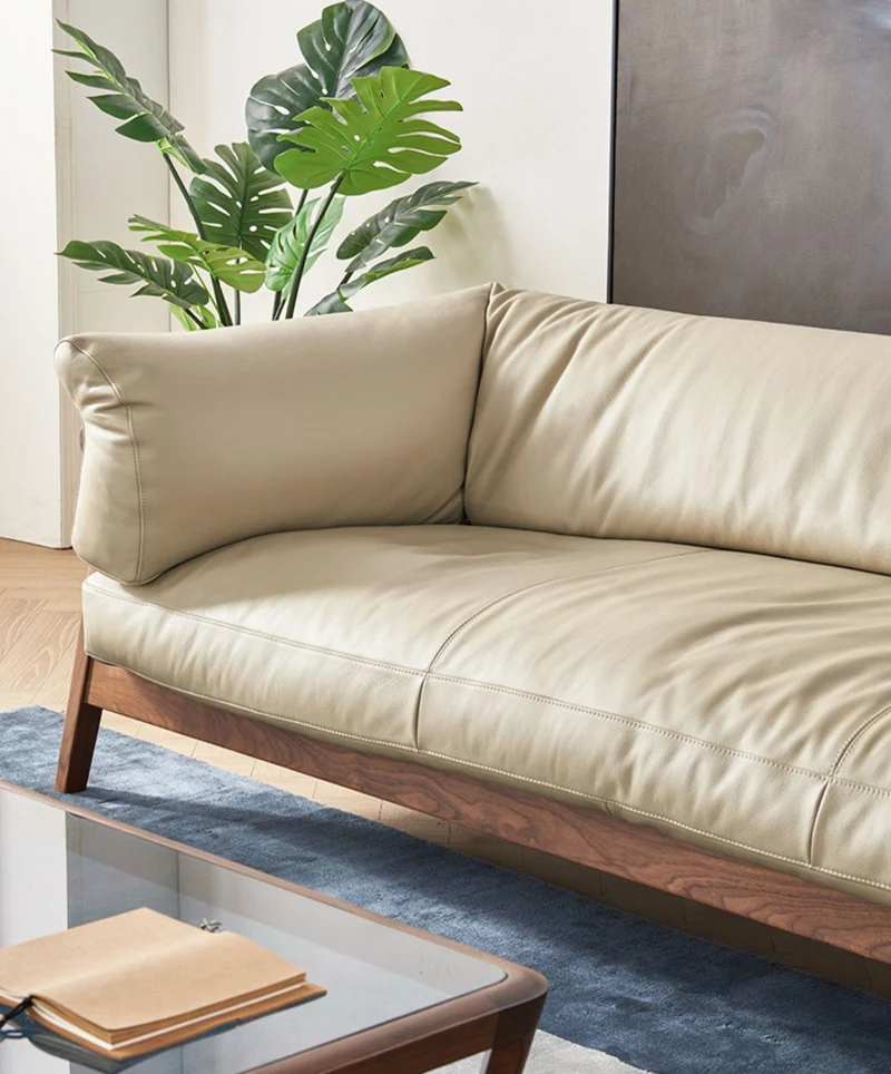 Coastal Breeze Genuine Leather Walnut Wood Sofa