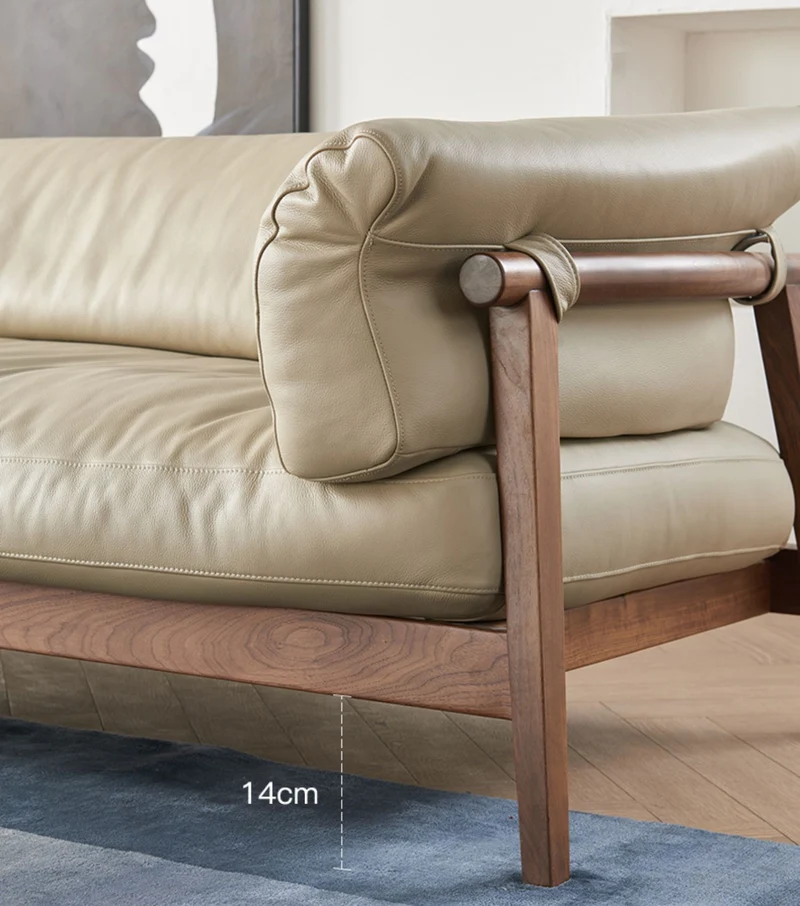 Coastal Breeze Genuine Leather Walnut Wood Sofa