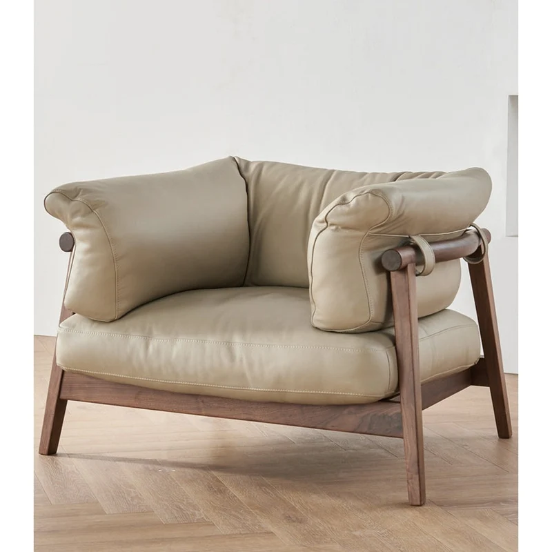 Coastal Breeze Genuine Leather Walnut Wood Sofa