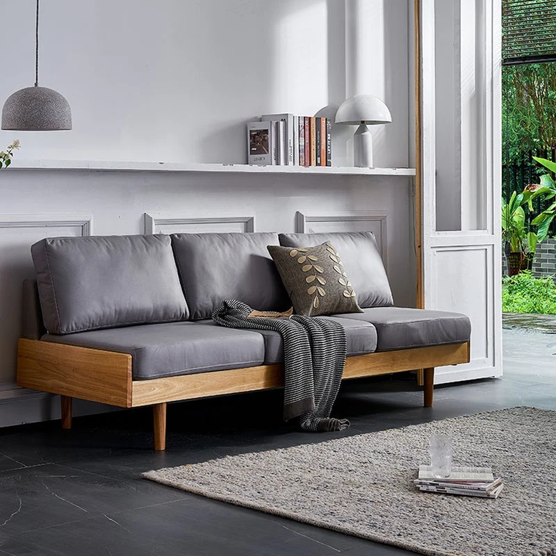 Japandi Oak Wood Genuine Leather Sofa