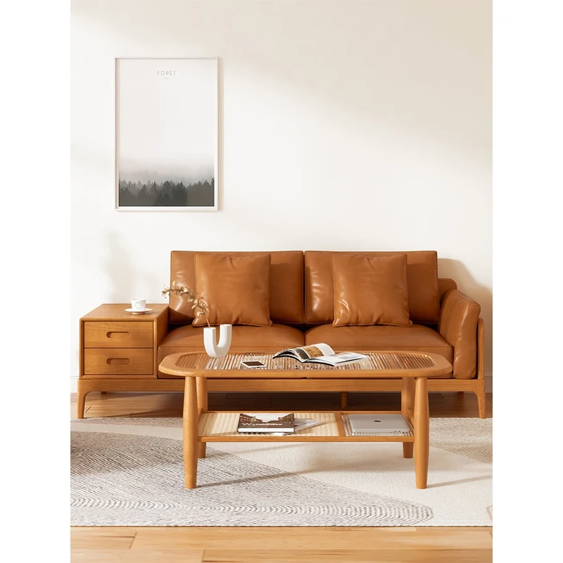 Astra Cherry Genuine Leather Sofa with Drawers