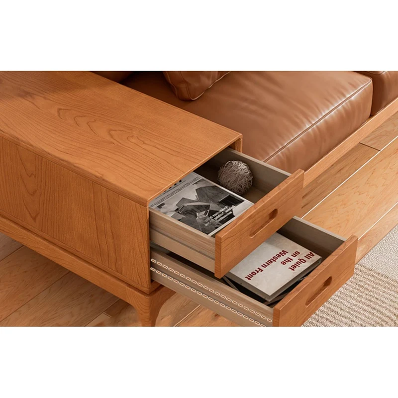 Astra Cherry Genuine Leather Sofa with Drawers