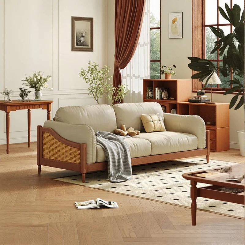 Flourish Rattan Cherry Wood Leather Sofa