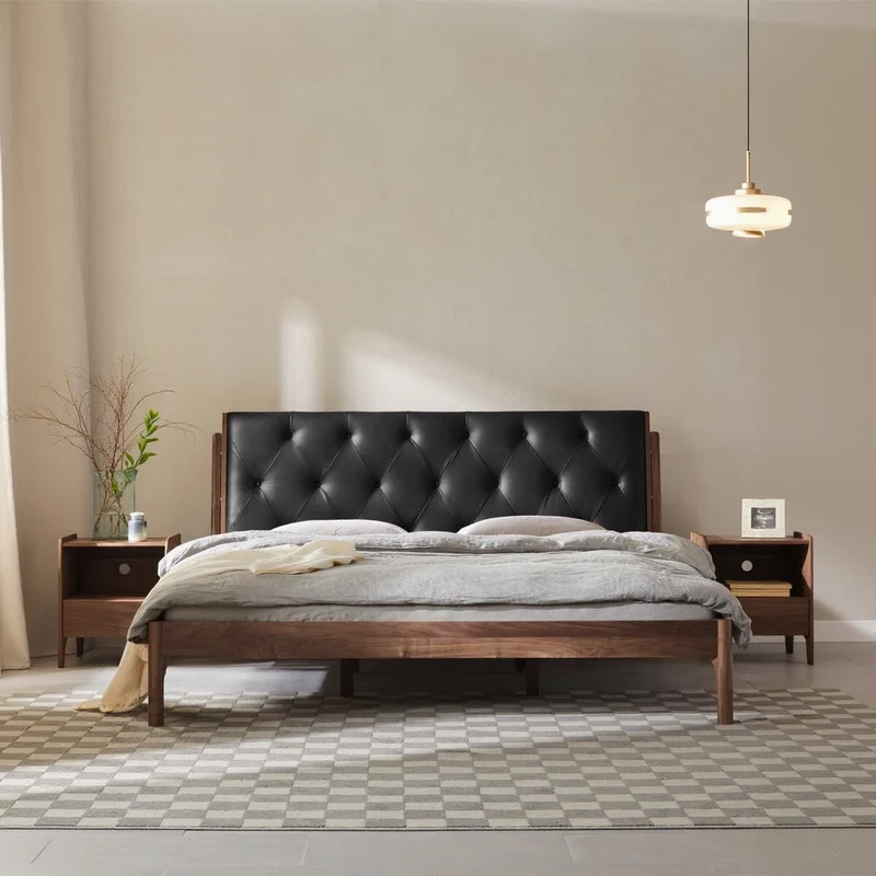 Solstice Cow Leather Walnut Wood Bed