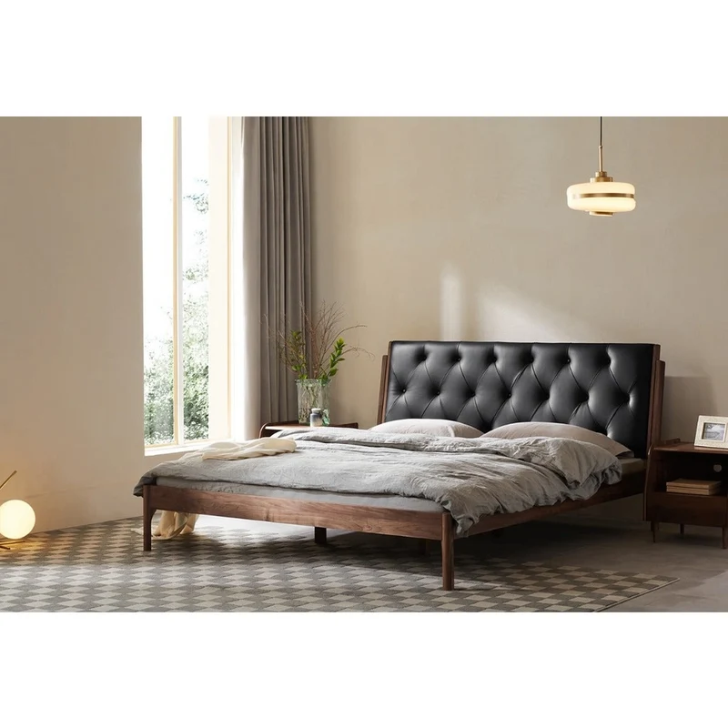 Solstice Cow Leather Walnut Wood Bed