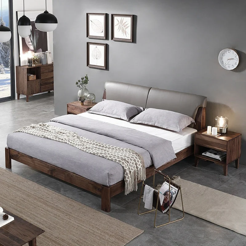 Summit Nordic Solid Walnut Wood Leather Bed Frame