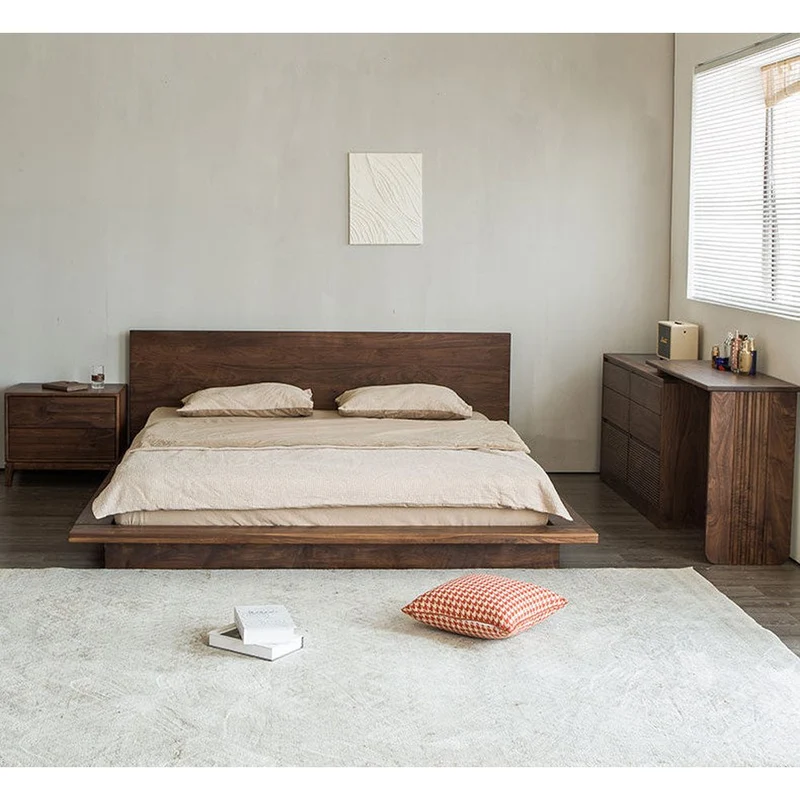 Japandi Black Walnut Wood Low Flat Tatami Platform Bed