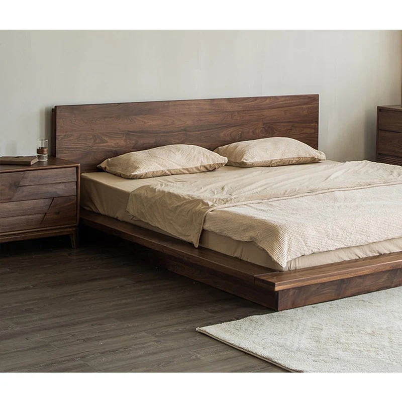 Japandi Black Walnut Wood Low Flat Tatami Platform Bed