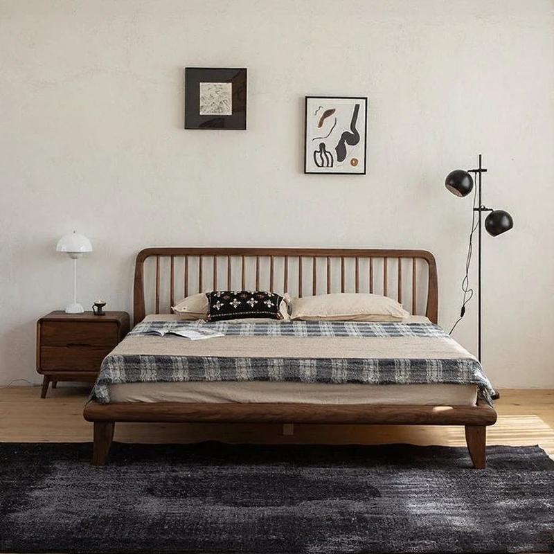 Elevation Mid-Century Steccato Walnut Wood Bed Frame