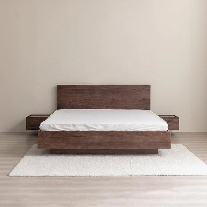 Modern Walnut Wood Platform Bed with Storage