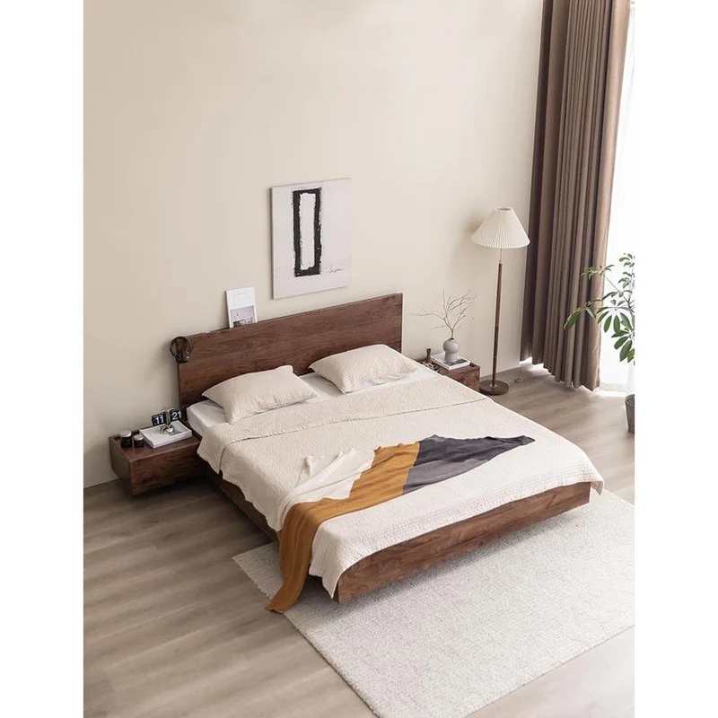 Modern Walnut Wood Platform Bed with Storage