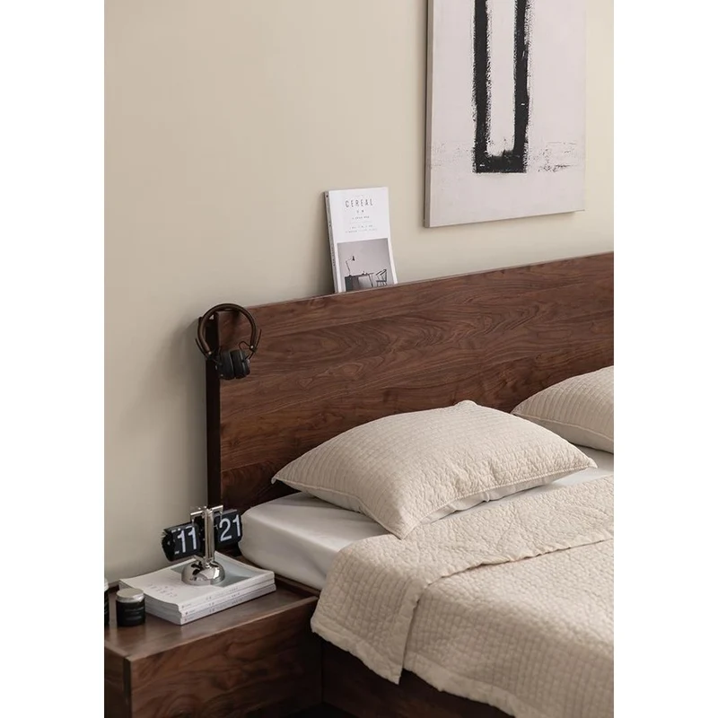 Modern Walnut Wood Platform Bed with Storage